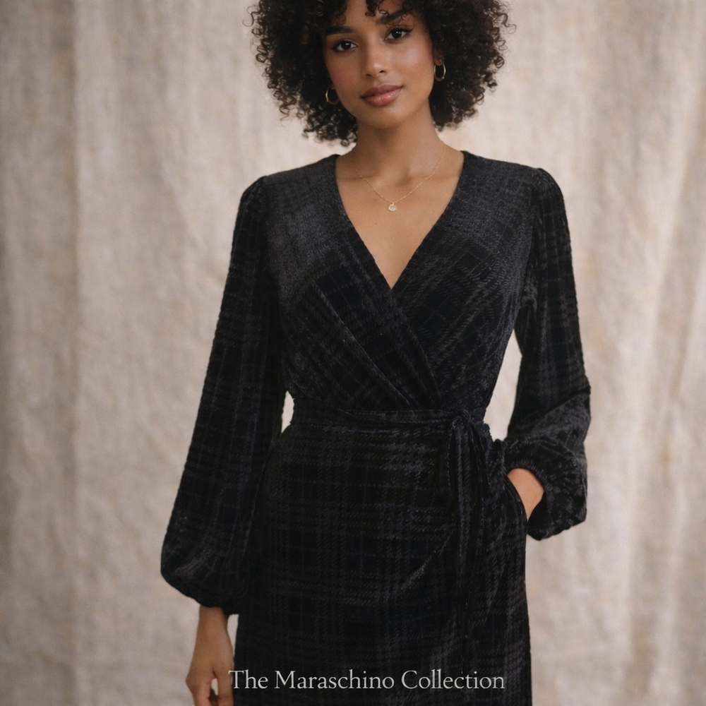 Gianni Bini Velvet Wrap Dress | Houndstooth | M